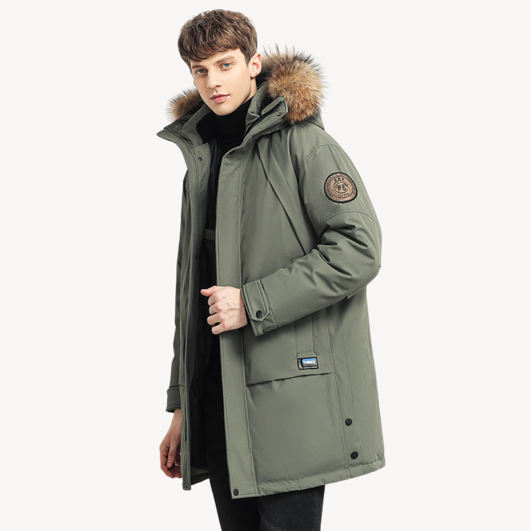 Warm Down Parka Coat with Fake Fur Hood for Men