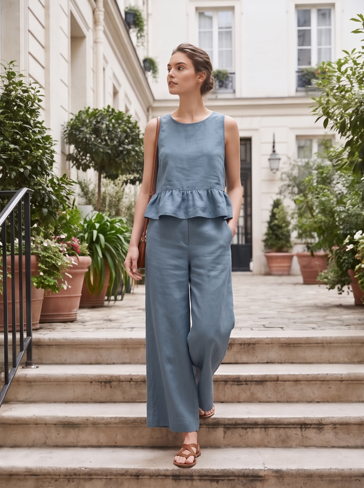 Women's Casual Cotton Tank Top with Ruffled Hem and Cropped Pants Set