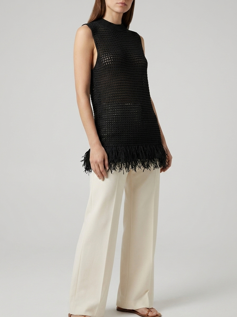 Women's Casual Knitted Sleeveless Vest with Tassel Hem