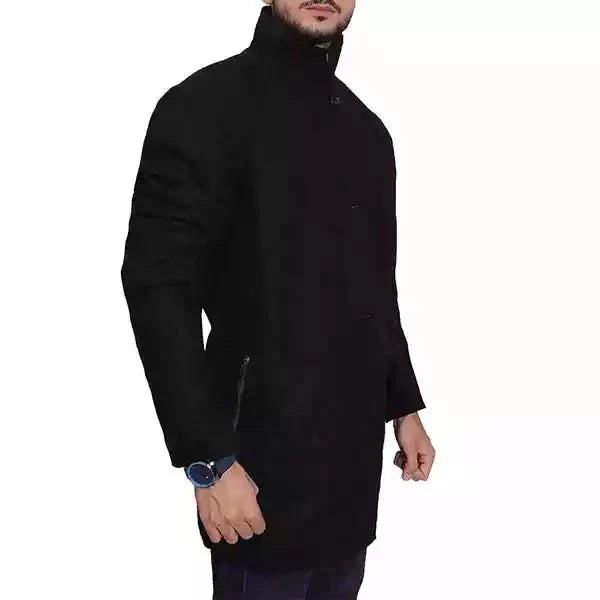 Men's High Neck Wool Coat Black Button Front