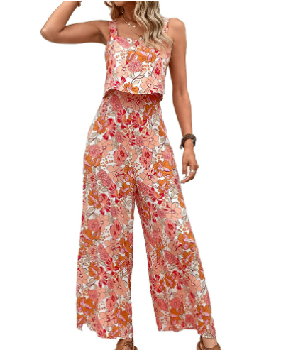 Trendy Floral Crop Top Pants Outfit - OutfitLondon