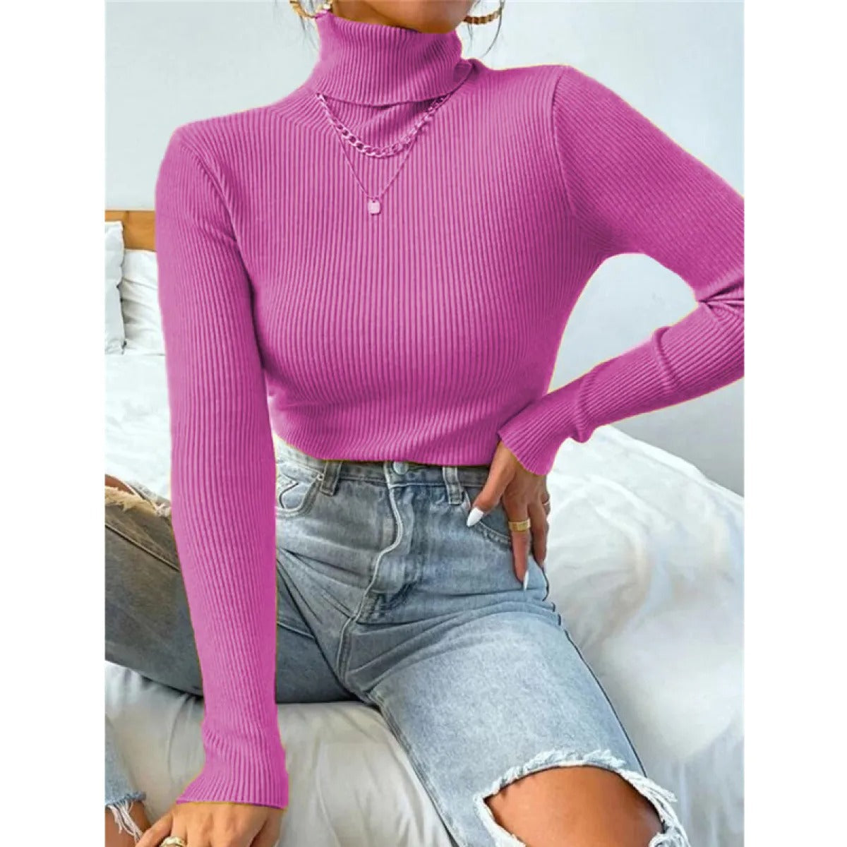 Stylish Ladies' Fitted Neck Sweater Top