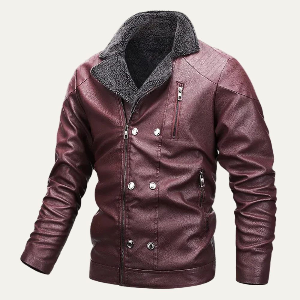 Men's Synthetic Leather Coat with Fuzzy Collar