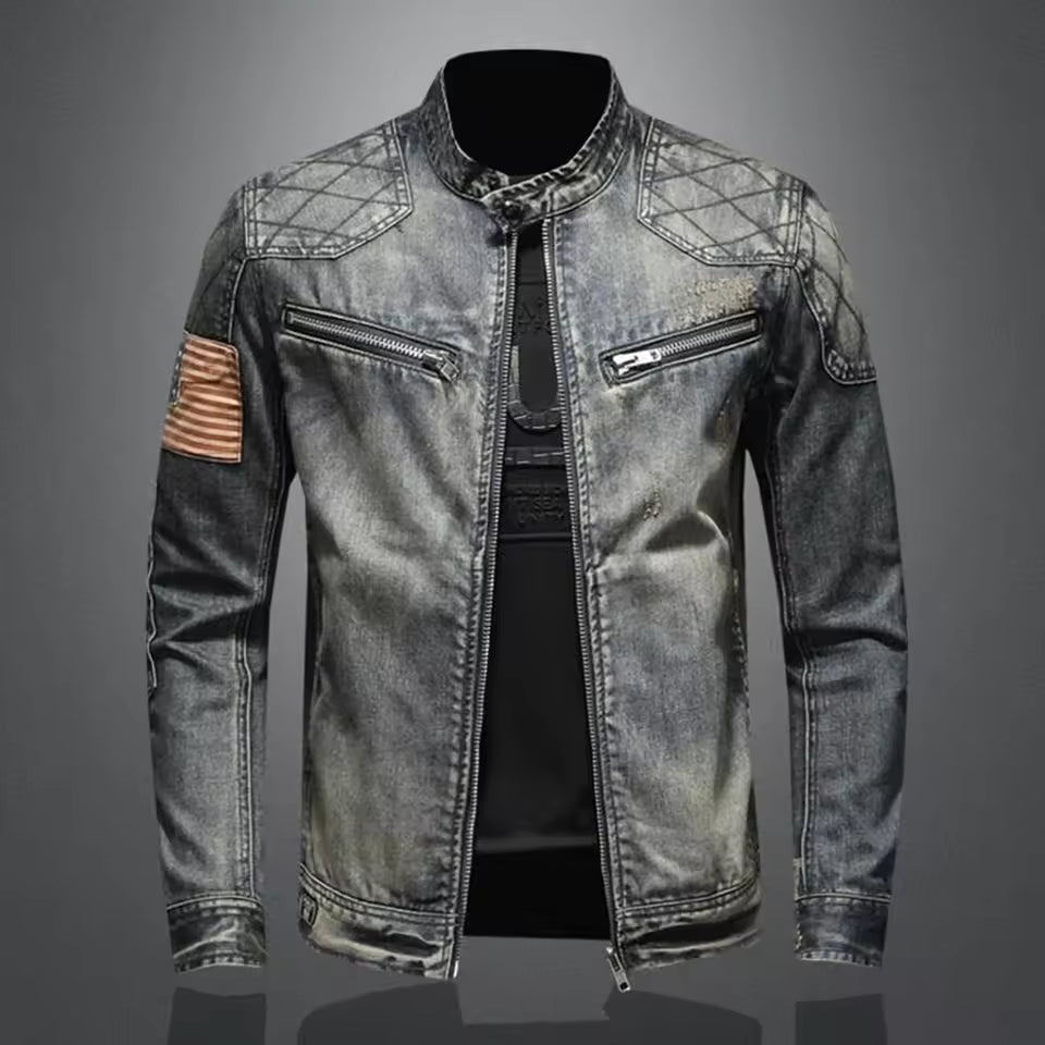 Fitted Zip Up Blue Jeans Jacket - OutfitLondon