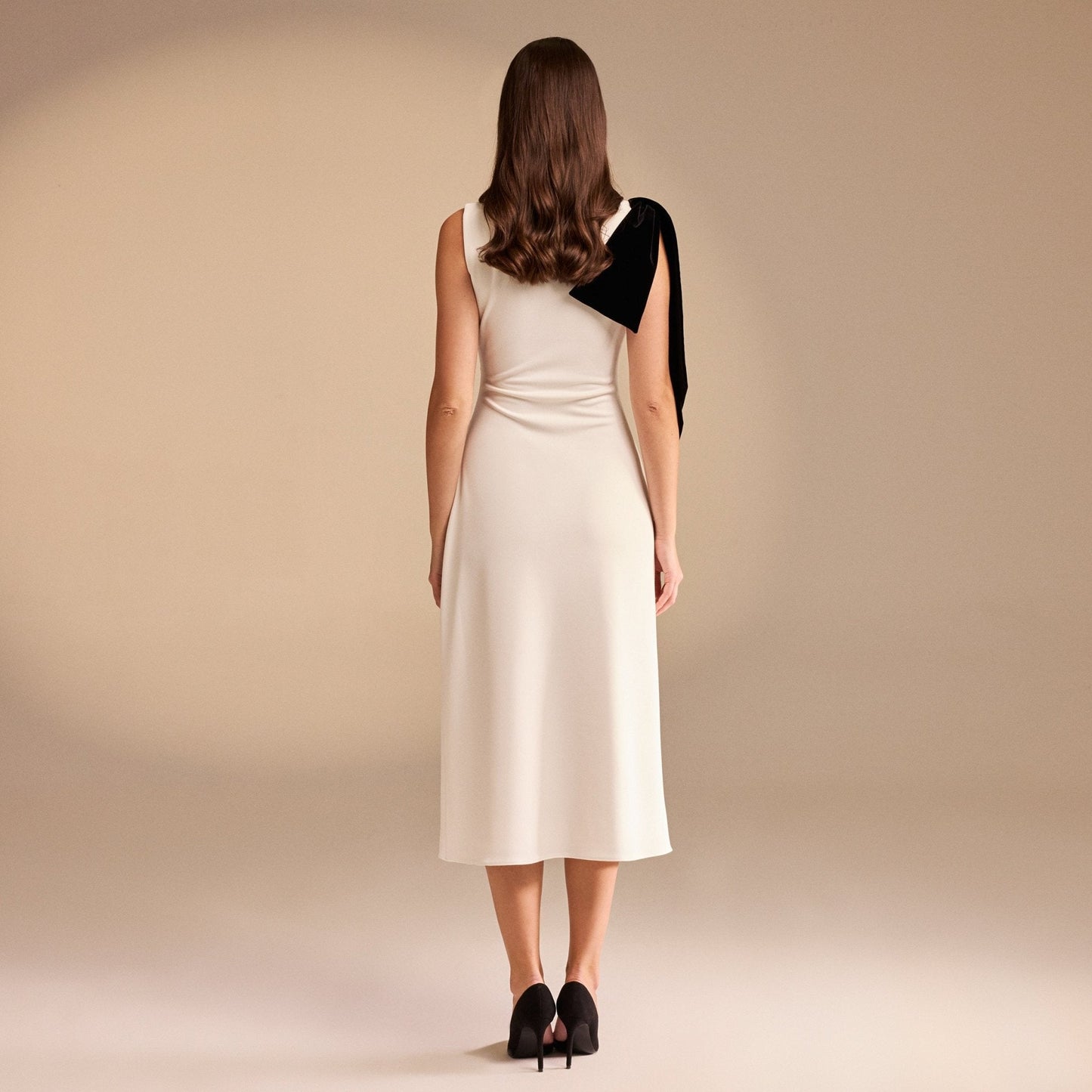 Iris | Midi Fit Crepe Wedding Guest Dress with Shoulder Bow