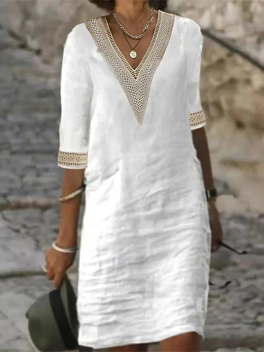 Relaxed Fit V Neck Lace Detail Dress