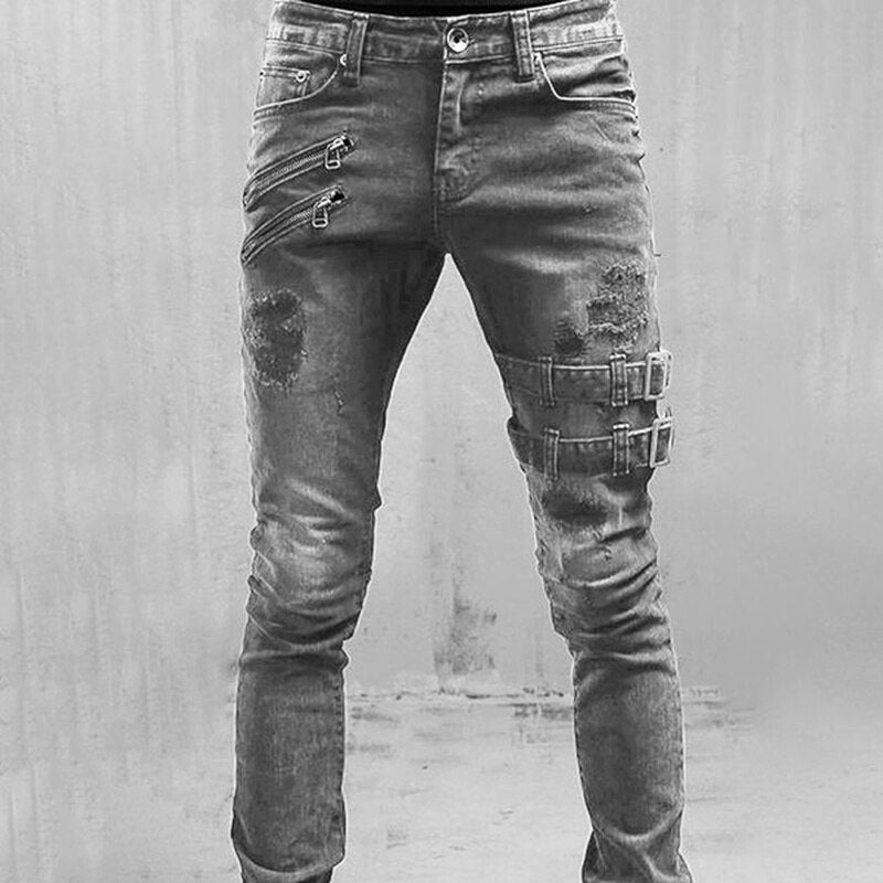 Men's Slim Fit Black Jeans with Zip Pockets