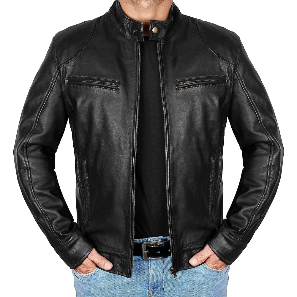 Men's Black Lambskin Leather Cafe Racer Jacket - OutfitLondon