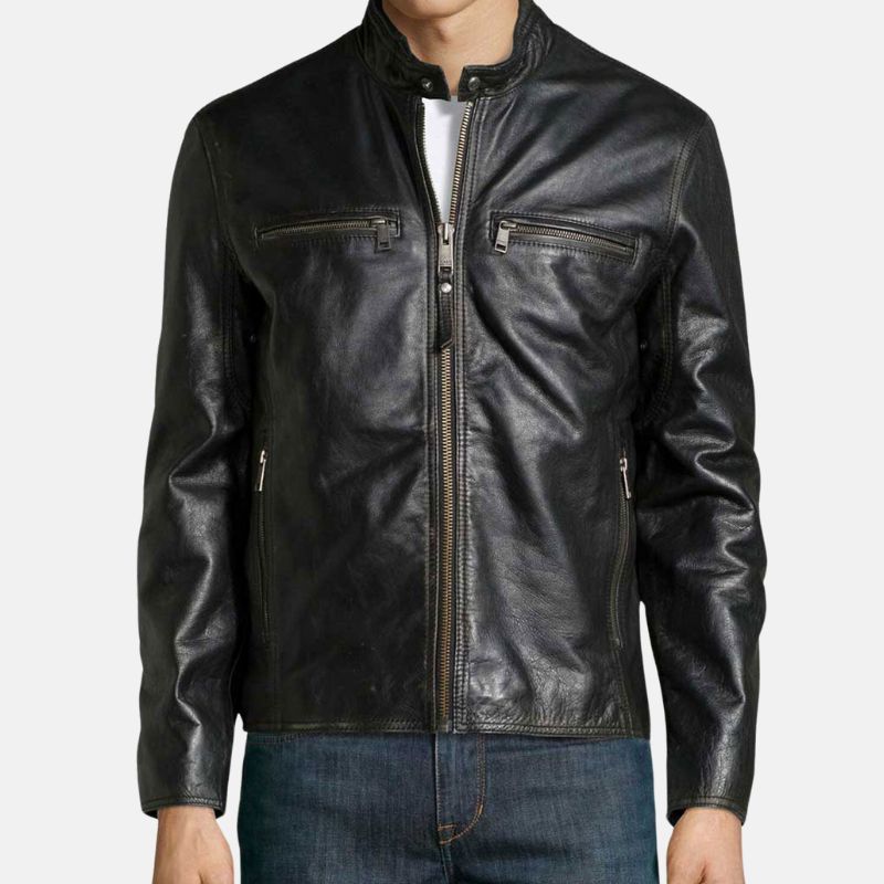 Men's Black Leather Biker Jacket Carbon Fiber Zip Collar - OutfitLondon