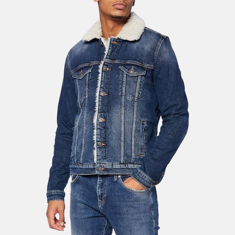 Mens Denim Jacket Sherpa Collar Button Front Classic Fit - OutfitLondon