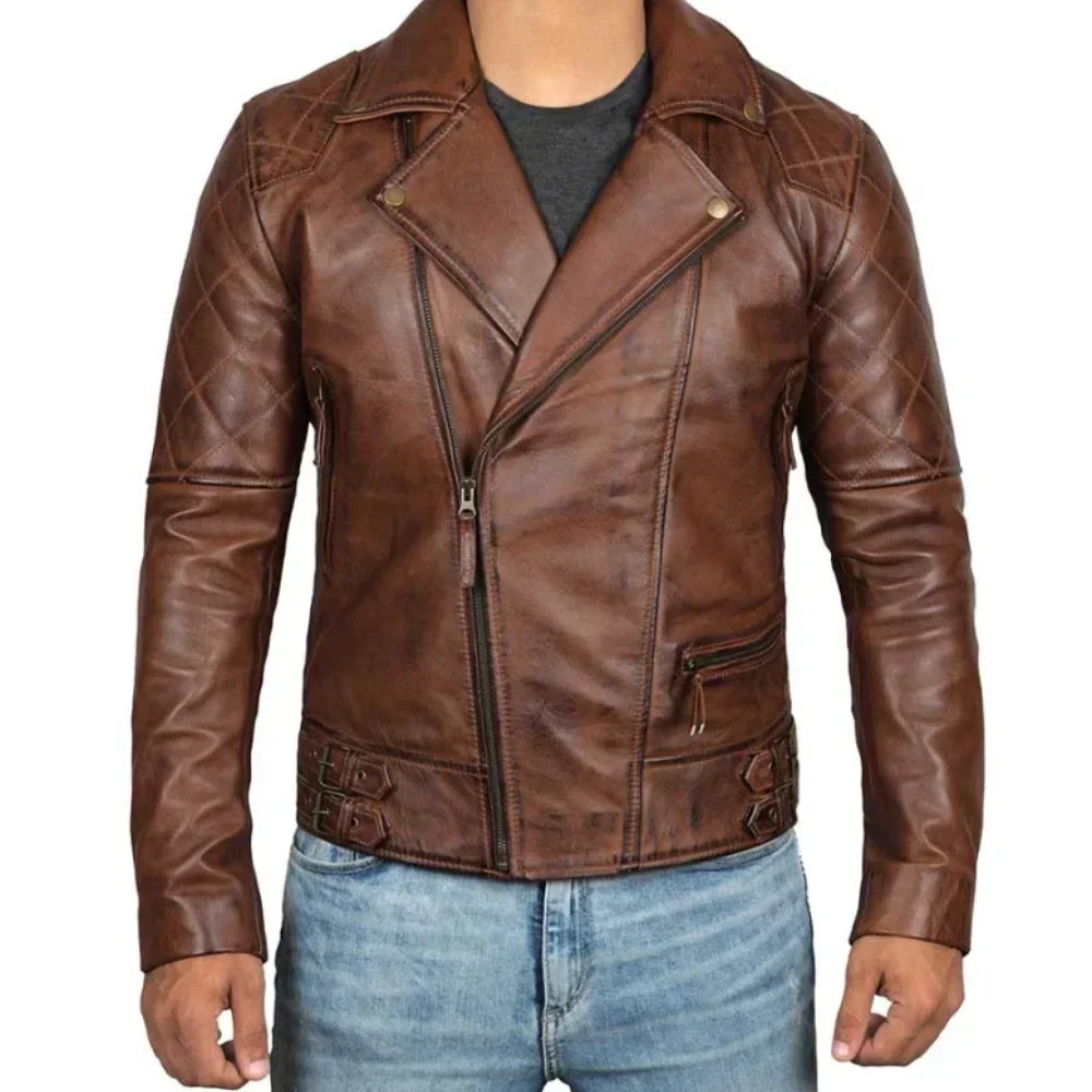 Men's Leather Biker Jacket Quilted Brown Asymmetrical Zipper - OutfitLondon