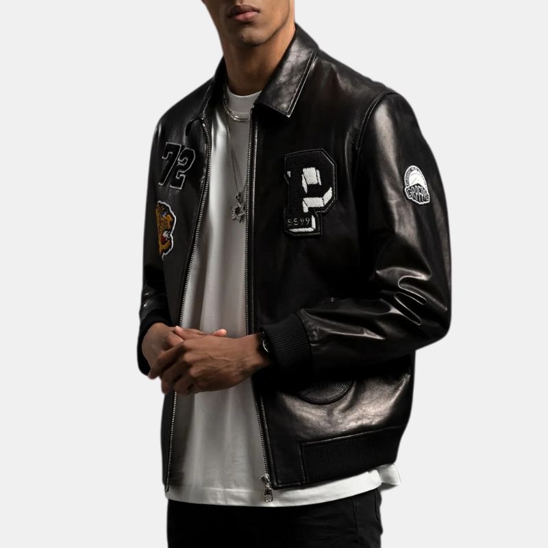 Men's Black Leather Bomber Jacket Zip Closure Ribbed Cuffs - OutfitLondon