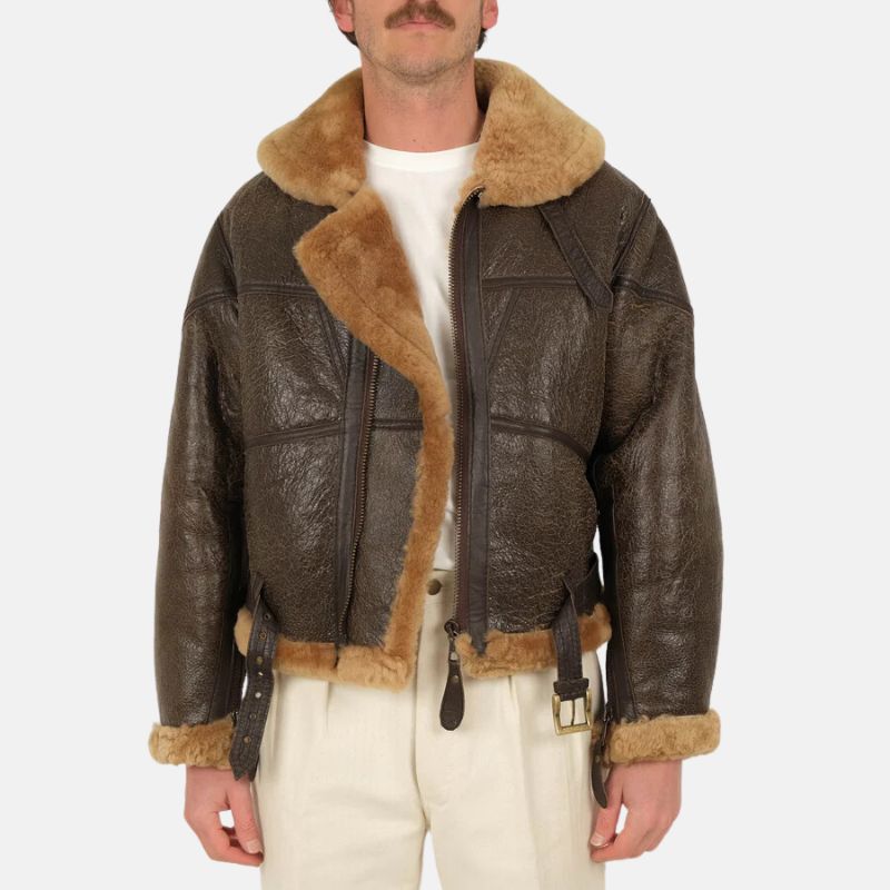 Men's Brown Leather Bomber Jacket Shearling Collar - OutfitLondon