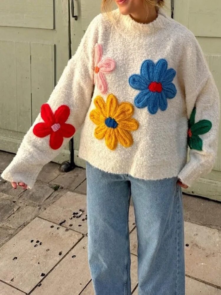 Soft Floral Crew Neck Winter Sweater for Women