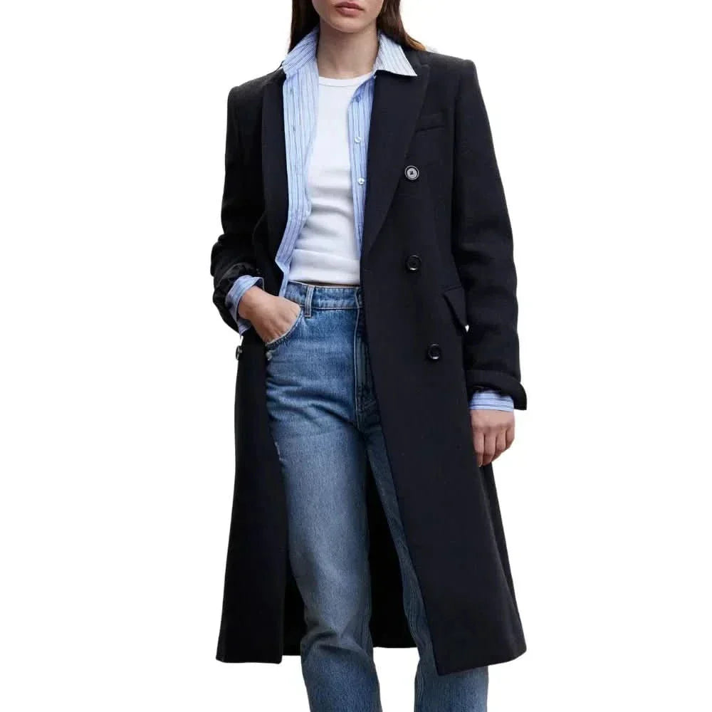 Women's Long Wool Coat Navy Blue - OutfitLondon