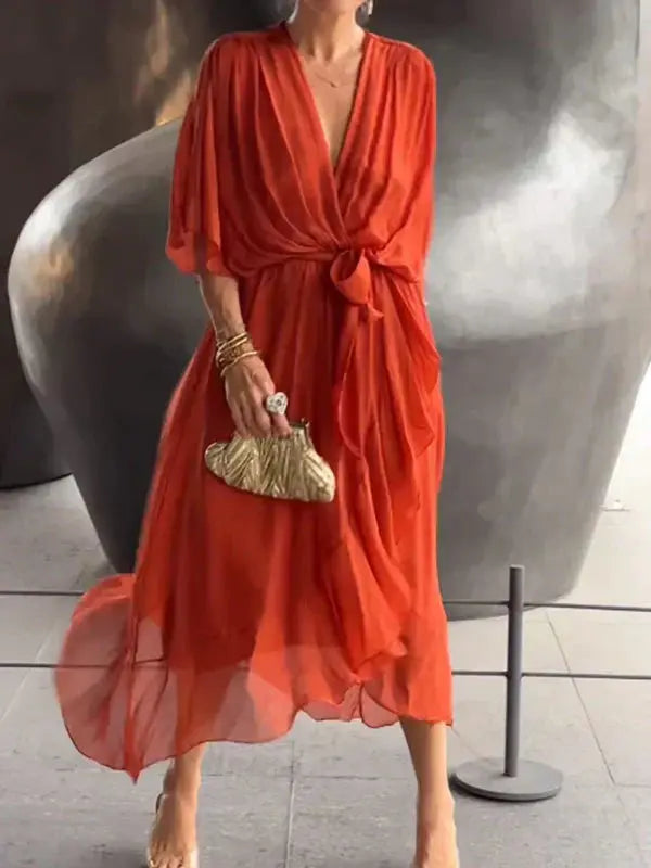 Luxurious V-Neck Silk Evening Dress