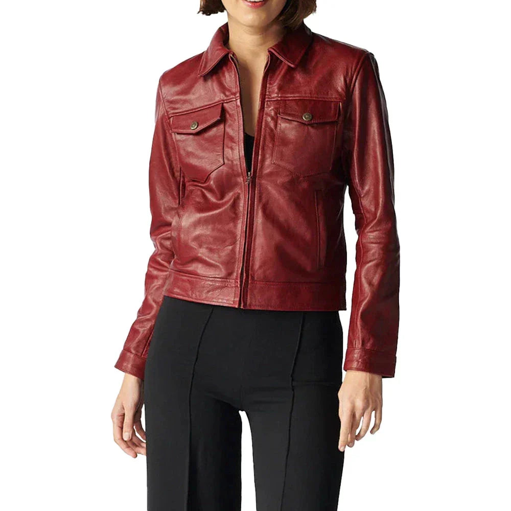 Women's Red Leather Trucker Jacket - OutfitLondon