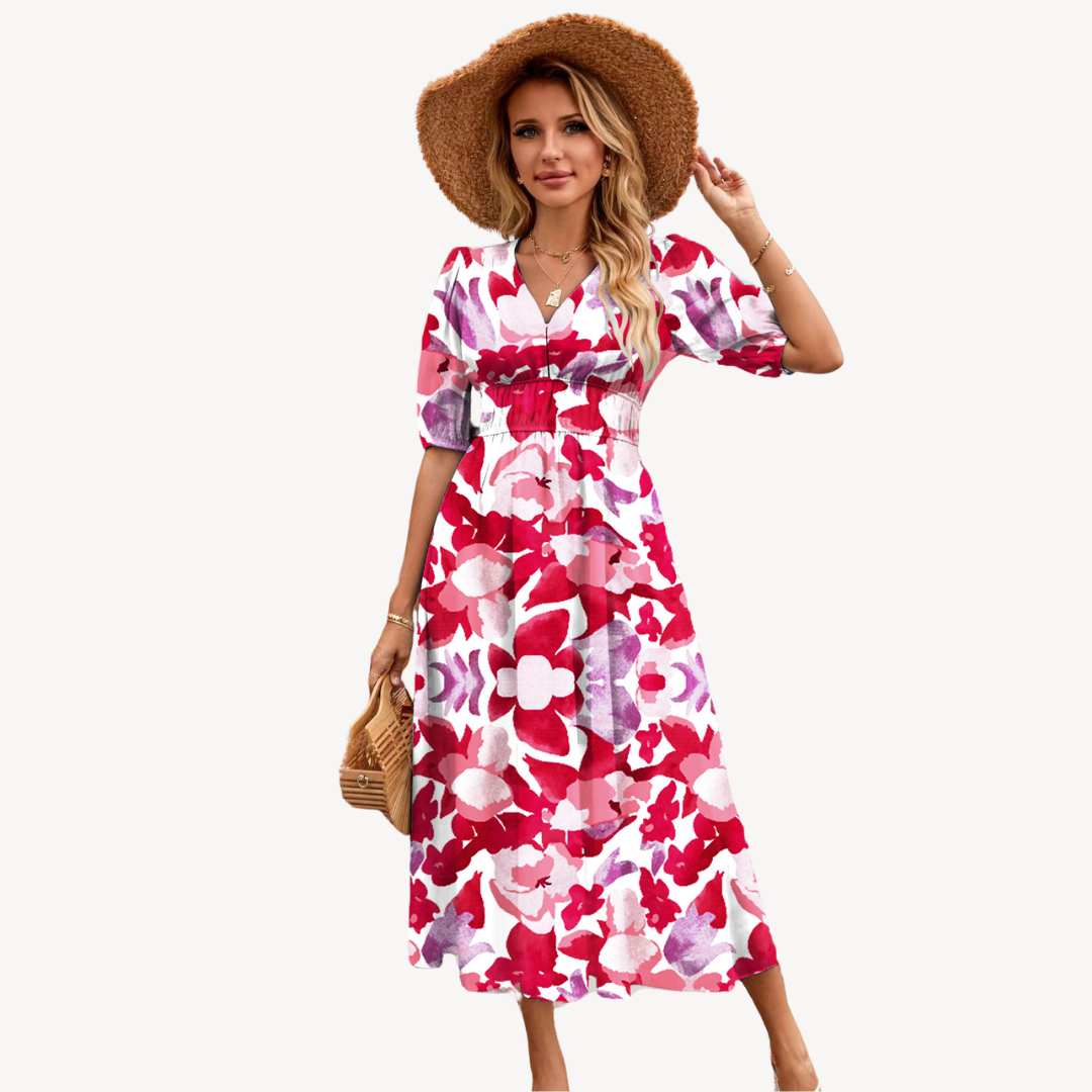 Pretty V Neck Floral Midi Dress for Women