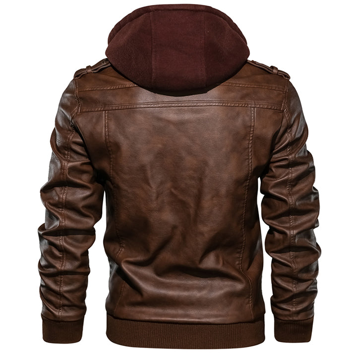 Men's Black Synthetic Leather Jacket with Detachable Hood