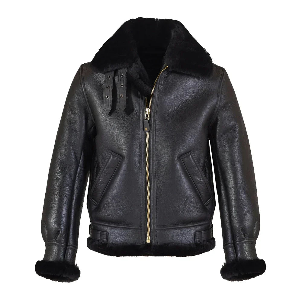 Men's Leather Bomber Jacket Sheepskin Fur Collar Black - OutfitLondon