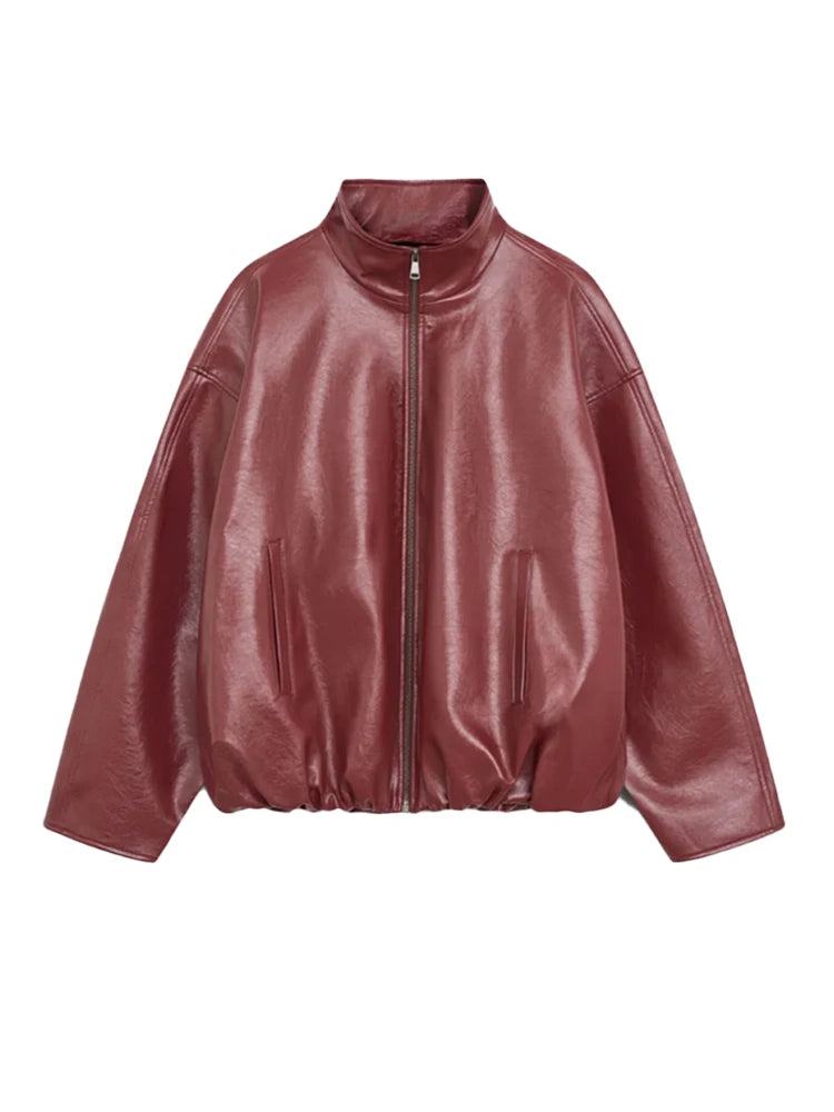 Classic Faux Leather Zipper Jacket High Neck Bomber