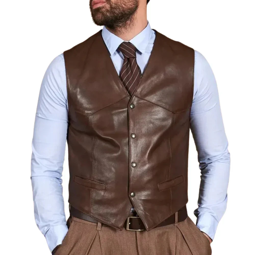 Mens Brown Leather Vest Classic Western Style Genuine Leather - OutfitLondon