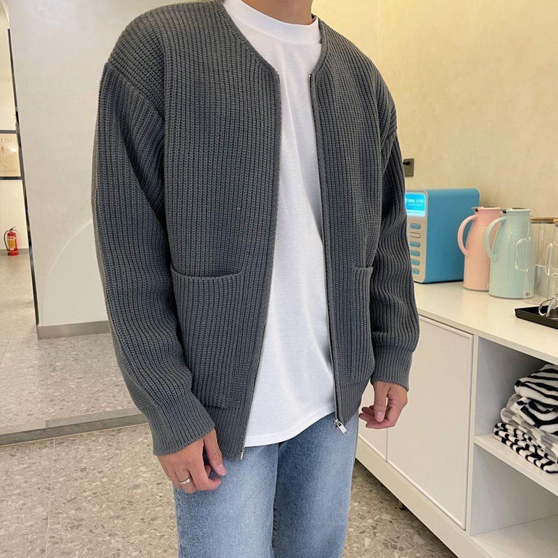Simple Textured Knit Zip Up Cardigan Sweater