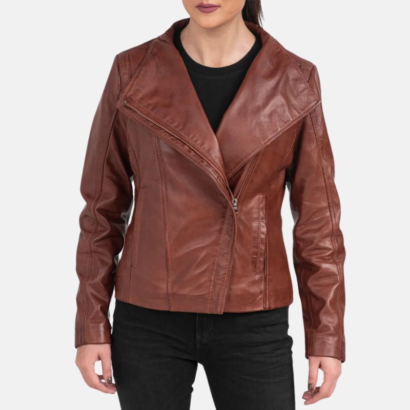 Women's Leather Biker Jacket Dark Brown Asymmetrical - OutfitLondon