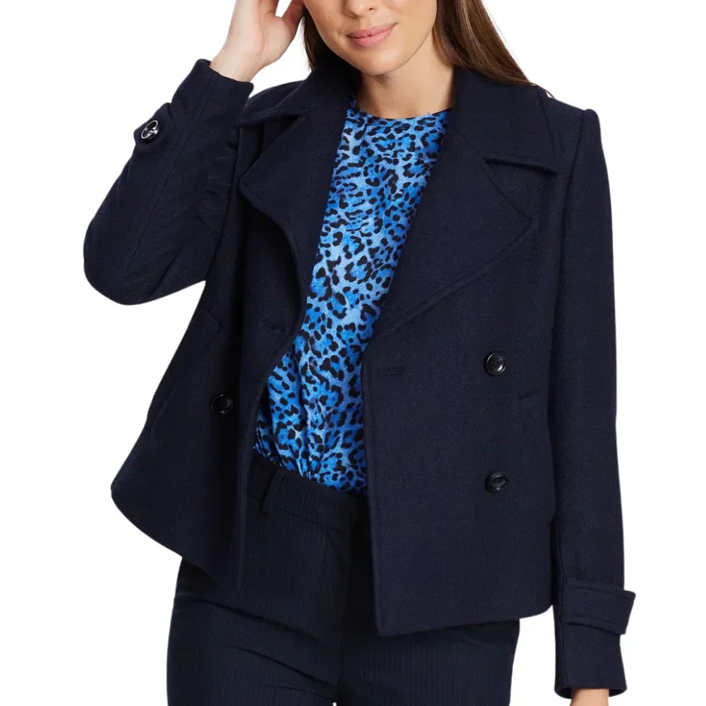 Women's Double Breasted Wool Blend Navy Coat - OutfitLondon