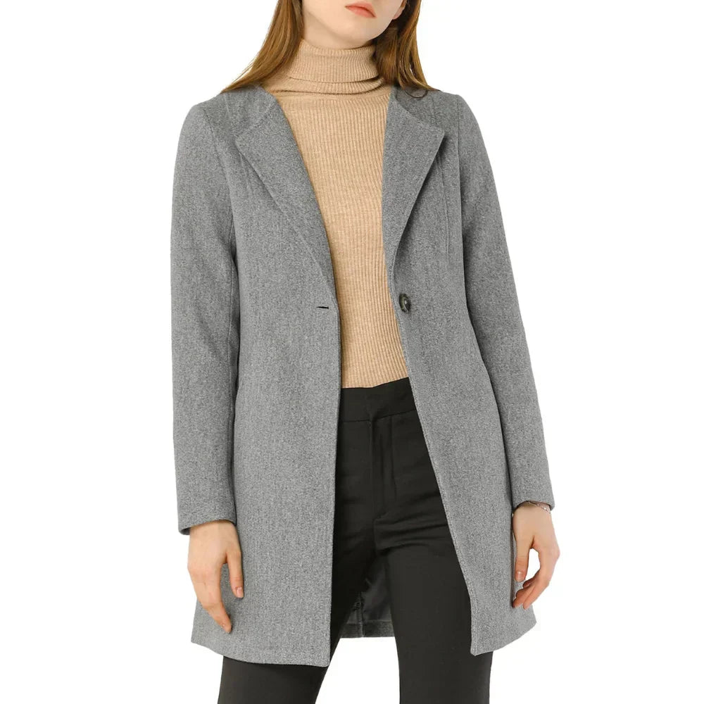 Women's Grey Wool Long Single Breasted Coat - OutfitLondon