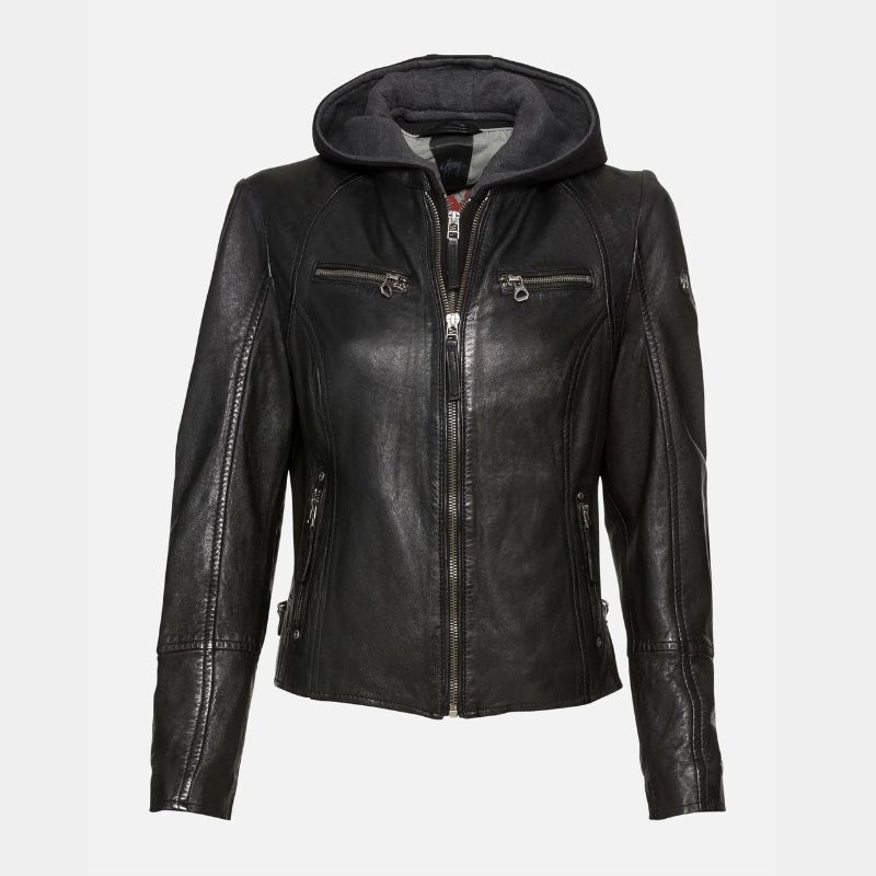 Women's Black Leather Cafe Racer Jacket Removable Hood - OutfitLondon