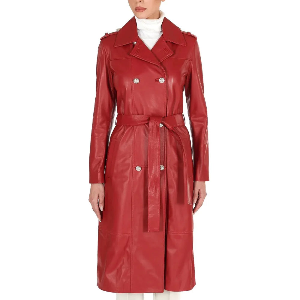 Women's Double Breasted Long Leather Coat Red - OutfitLondon