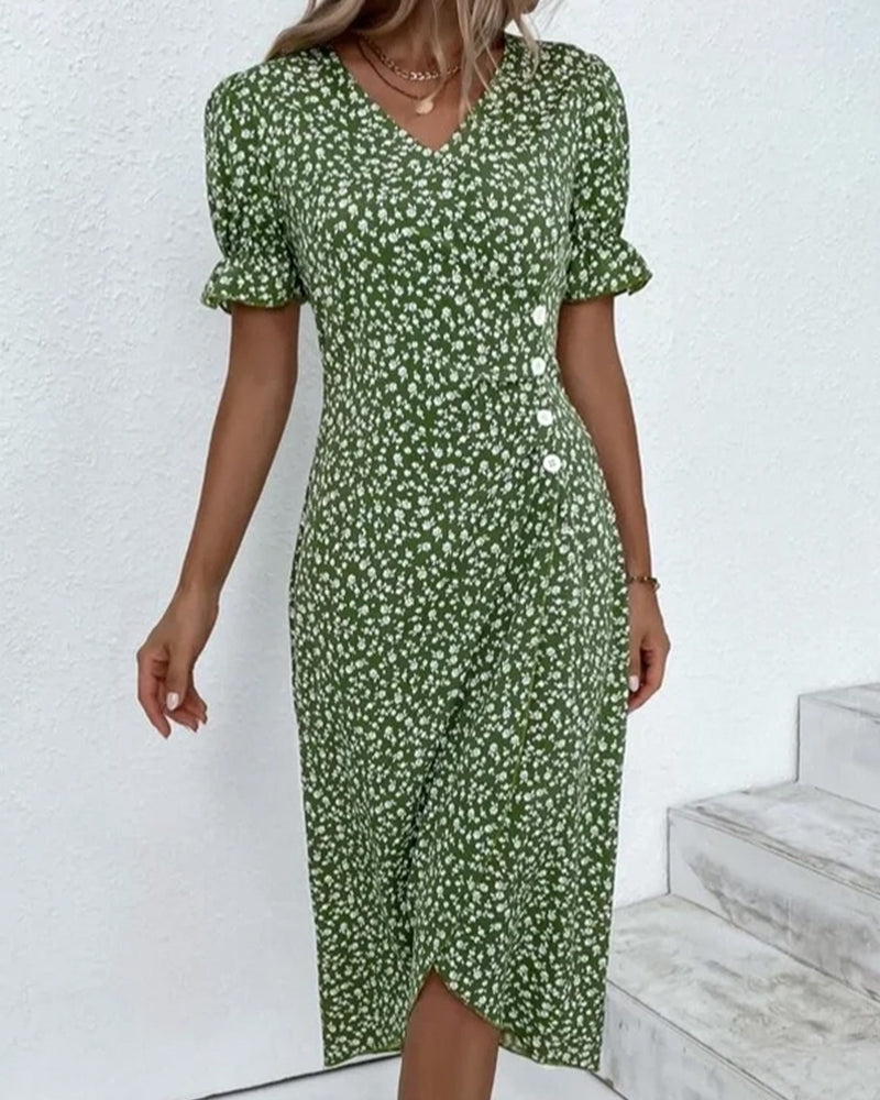 Beautiful Flower V Neck Wrap Dress - OutfitLondon