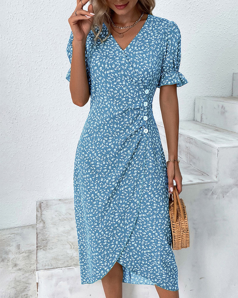 Beautiful Flower V Neck Wrap Dress