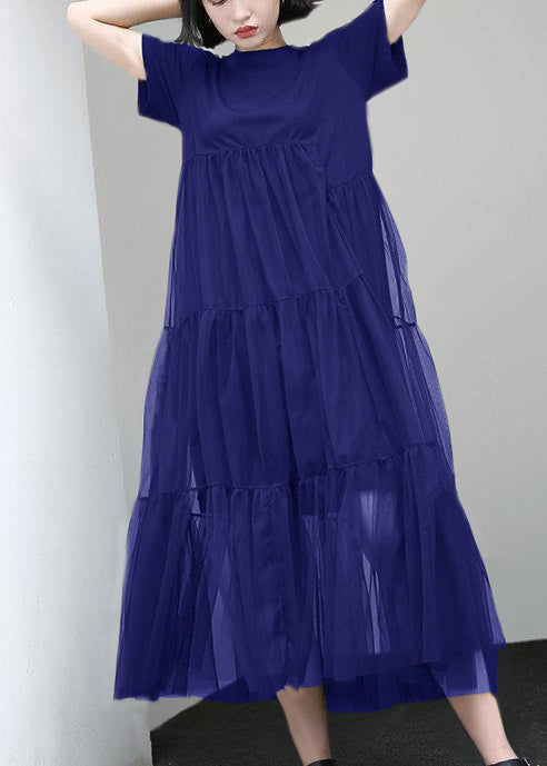 Women's Cotton Trapeze Dress Blue Patchwork Breathable - OutfitLondon