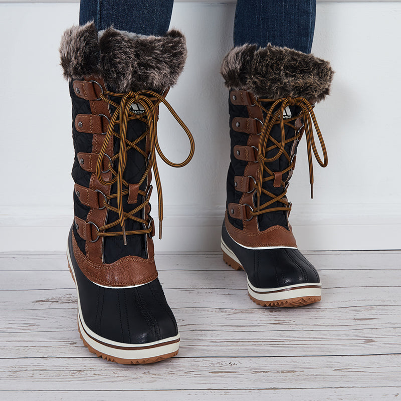 Warm Snow Boots Faux Fur Lined Lace up Mid Calf Winter Duck Boots