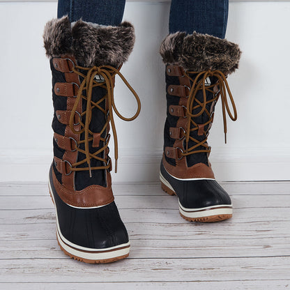 Warm Snow Boots Faux Fur Lined Lace up Mid Calf Winter Duck Boots