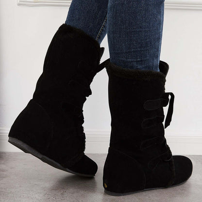 Warm Fur Mid Calf Snow Boots Wide Calf Hidden Wedge Boots