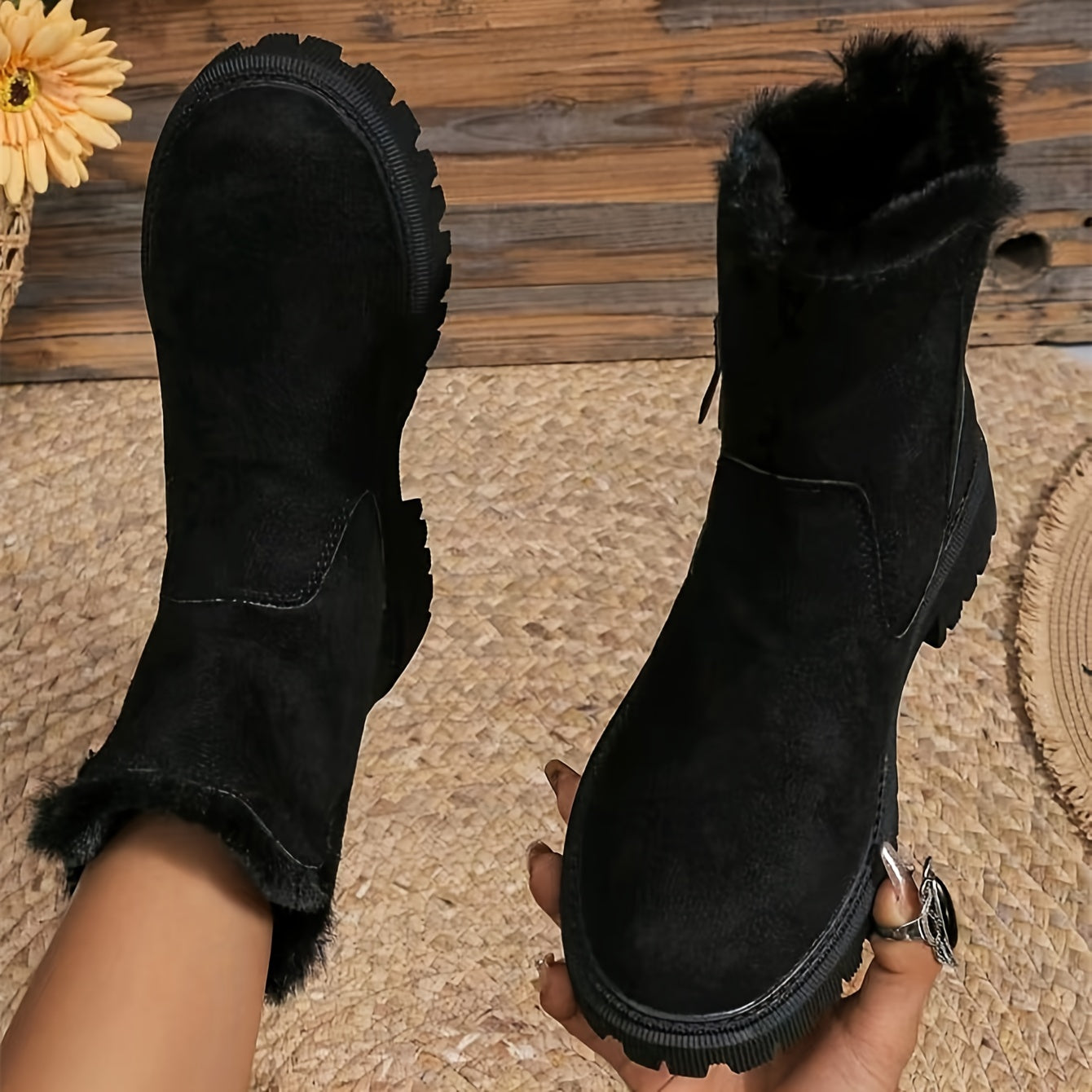 Soft Suede Ankle Boots for Women with Faux Fur Detail