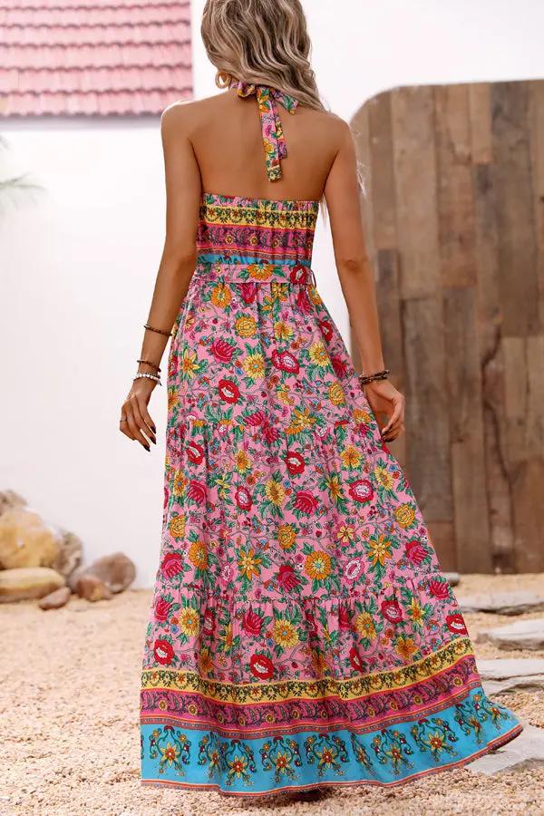 Vibrant Floral Halter Neck Long Maxi Dress