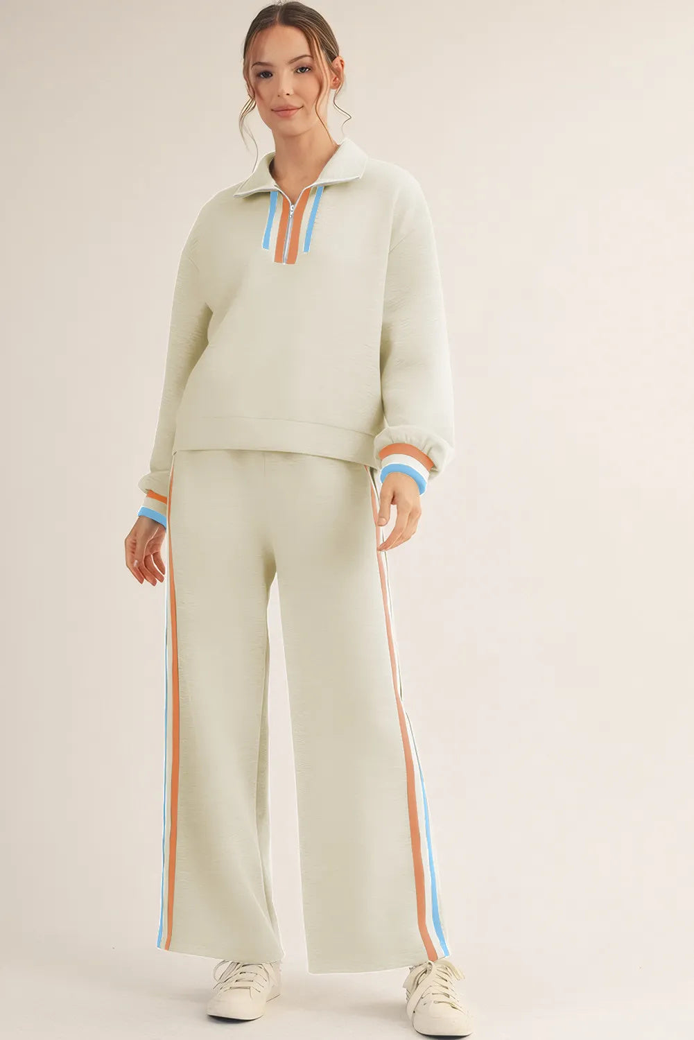 Women's Casual Cotton Blend Striped Quarter Zip Pullover Set