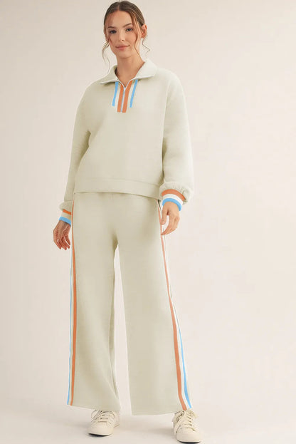 Women's Casual Cotton Blend Striped Quarter Zip Pullover Set