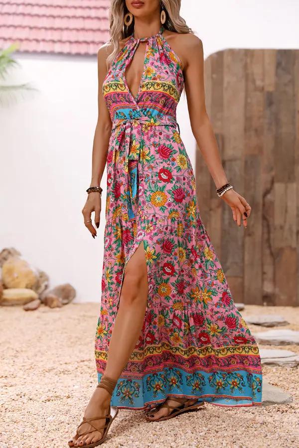 Vibrant Floral Halter Neck Long Maxi Dress