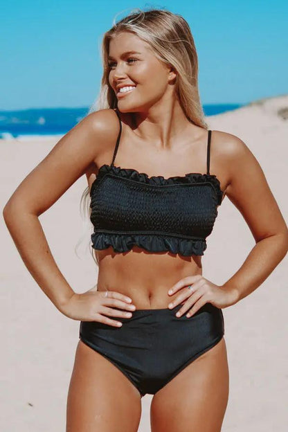 Dark High Waisted Ribbed Swimsuit Set - OutfitLondon