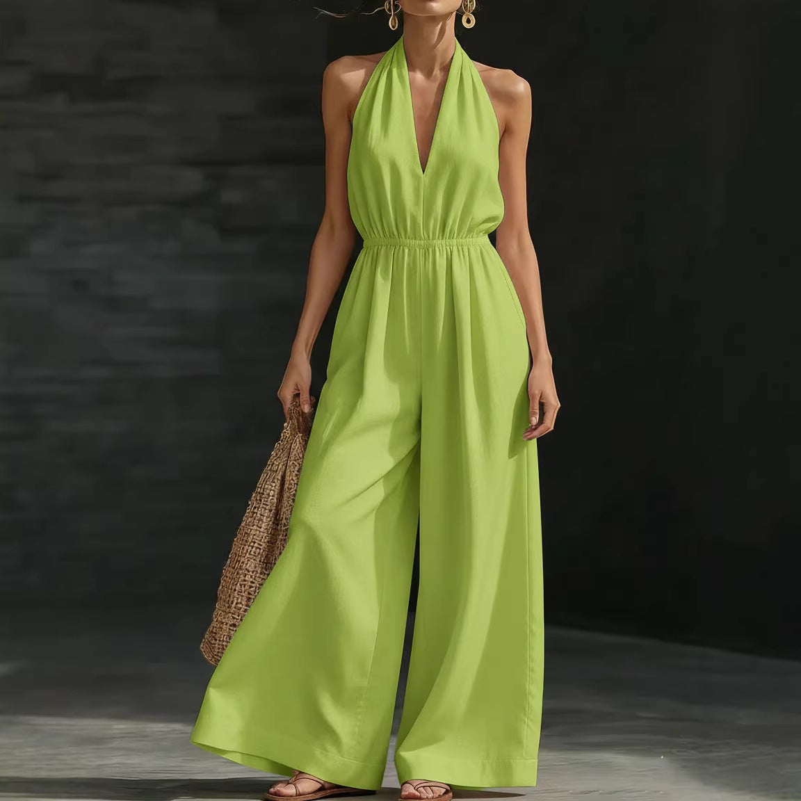 Women's Stylish V-Neck Halter Neck Wide-Leg Jumpsuit