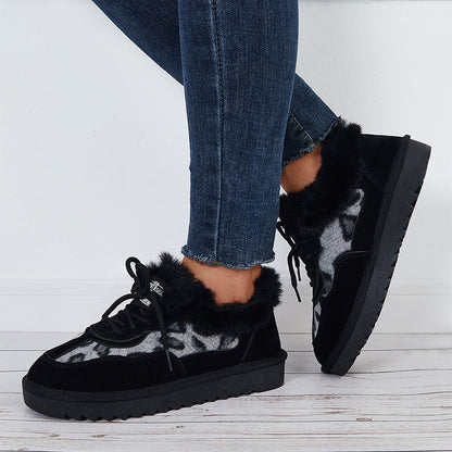 Leopard Lace Up Warm Flats Snow Boots Faux Fur Lined Loafer Shoes