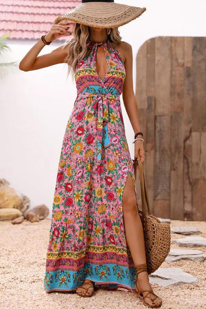 Vibrant Floral Halter Neck Long Maxi Dress