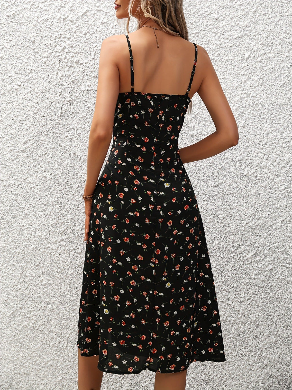 Women's Casual Polka Dot Suspender Split Midi Dress
