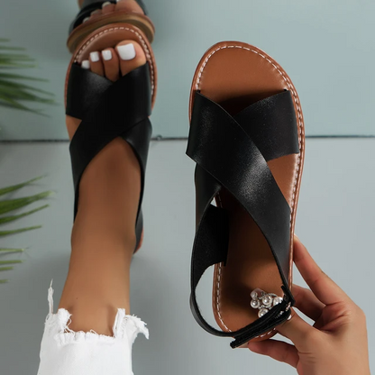 Women Roman Cross Strap Leather Flat Sandals