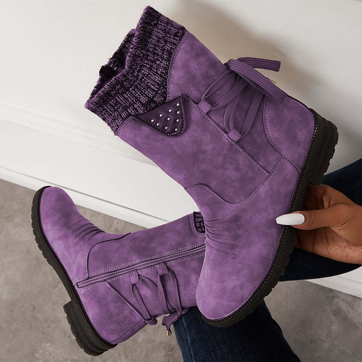 Waterproof Suede Block Heel Ankle Boots Side Zipper Booties